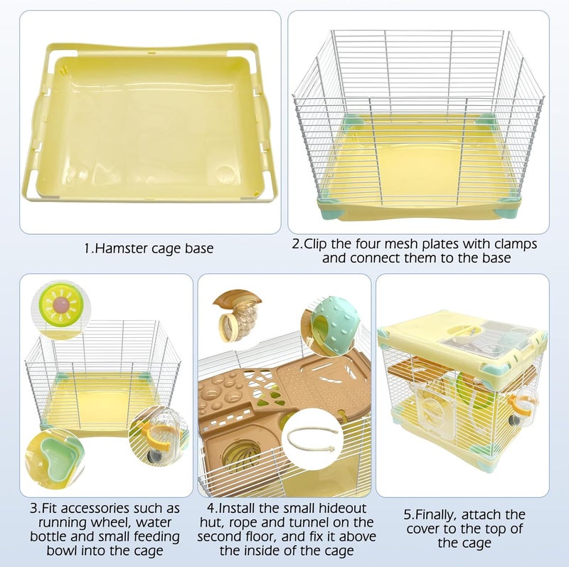 Hamiledyi قفص هامستر محمول بطبقتين موطن هامستر قزم 10.90"L*8.07"W*9.84"H قفص سفر للحيوانات الصغيرة مع عجلة تمرين قفص هامستر لقوارض الهامستر والفئران والجرذان والحيوانات الأليفة الصغيرة - Image 5